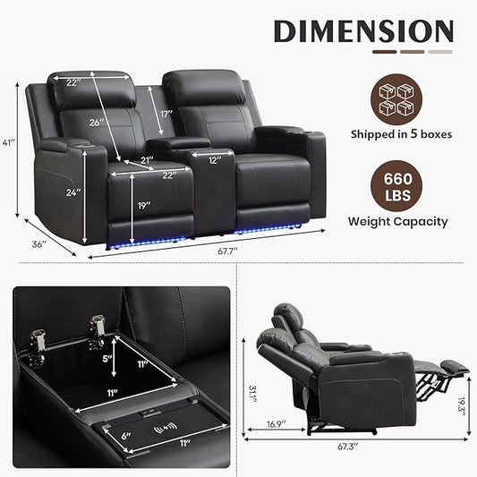 Power Reclining Loveseat with Console/Wireless Charging, Power Loveseat Recliner Sofa with Power Headrest/LED Light/Armrest Storage, Wall Hugger Reclining Loveseat(Dark Grey, 2 Seater)