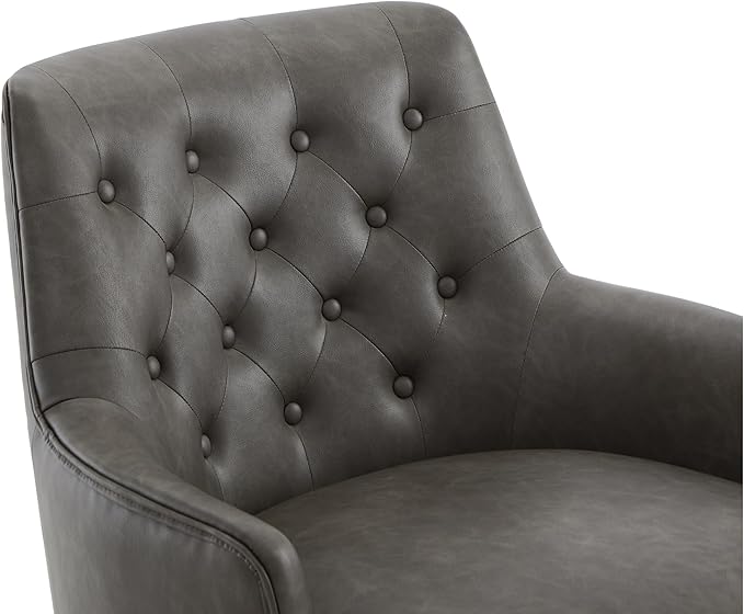 Watson & Whitely Swivel Barrel Accent Chair, Tufted Upholstered Arm Chair for Living Room and Bedroom, Faux Leather in Dark Grey
