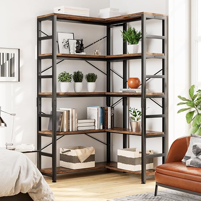 NUMENN 5 Tier Corner Bookshelf, Modern Corner Bookcase, Large Open Shelf Bookcase, Tall Bookshelves Storage Display Rack for Bedroom, Living Room and Home Office, Vintage