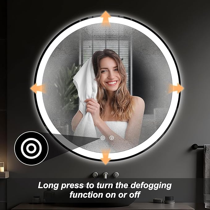 Simple Deluxe Round LED Bathroom Mirror with Lights, Smart Anti-Fog LED Bathroom Mirror with Circular Dual Lights and 3-Color Temperature Memory dimming (30inch)