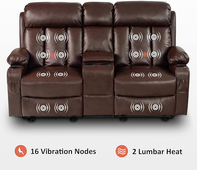 MCombo Zero Gravity Loveseat Recliner with with Console, Heat and Massage, Power Reclining Sofa for Living Room, Faux Leather 6095 (Dark Brown, Loveseat Recliner with Console)