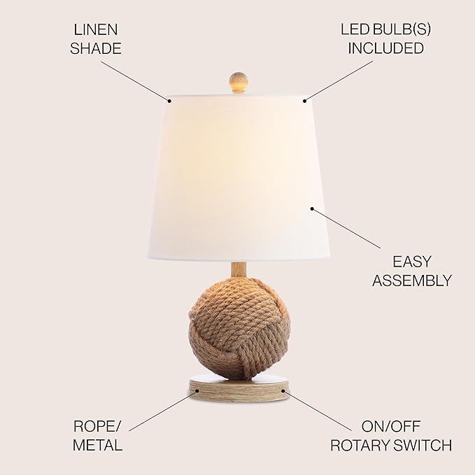 JONATHAN Y 18" Natural Monkey Fist Rope Ball LED Table Lamp, Coastal Nautical Iron and Rope Accent Lamp for Living Room Bedroom, White Linen Shade, LED Bulb Included JYL6500A