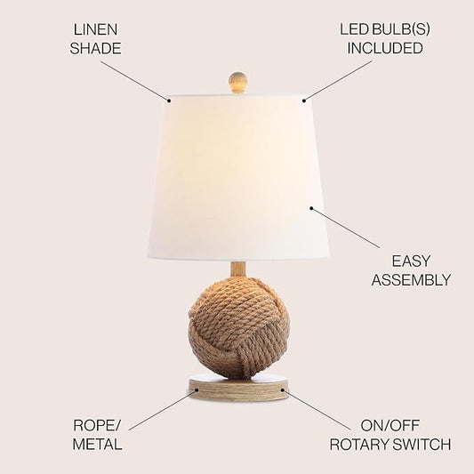 JONATHAN Y 18" Natural Monkey Fist Rope Ball LED Table Lamp, Coastal Nautical Iron and Rope Accent Lamp for Living Room Bedroom, White Linen Shade, LED Bulb Included JYL6500A