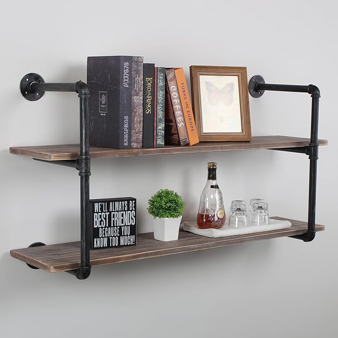 MBQQ Industrial Pipe Shelving Wall Mounted,48in Rustic Metal Floating Shelves,Steampunk Real Wood Book Shelves,Wall Shelf Unit Bookshelf Hanging Wall Shelves,Farmhouse Kitchen Bar Shelving(2 Tier)