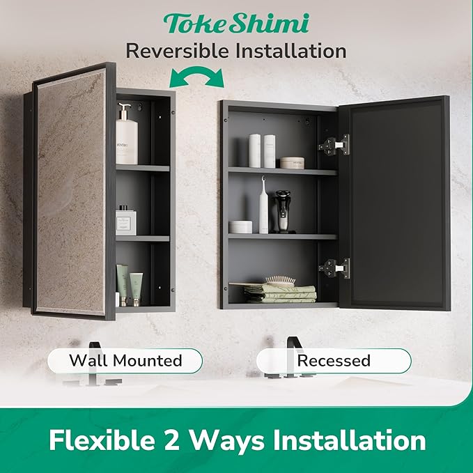 TokeShimi 12x36 Recessed Medicine Cabinet with Mirror Surface Mount, Aluminum Framed Metal Black Medicine Cabinet Mirrored, Bathroom Beveled Mirror with Storage Adjustable