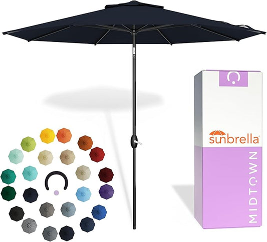 Midtown Umbrellas - The Lean 9 Ft Patio Umbrella with Fade-Resistant Sunbrella Fabric, Auto-Tilt Aluminum Frame and 8 Reinforced Ribs for Deck, Pool & Garden - Canvas Navy Canopy, Black Pole