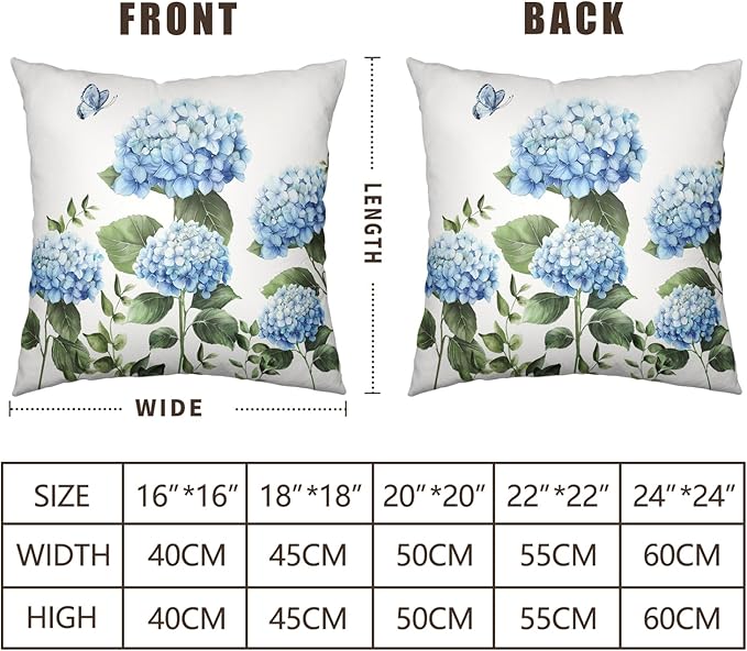Blue Hydrangea Flower Pillow Covers 18x18 Set of 2 Spring Watercolor Floral Outdoor Throw Pillow Case Summer Green Leaf Seasonal Decorative Cushion Covers for Living Room Couch Sofa Porch