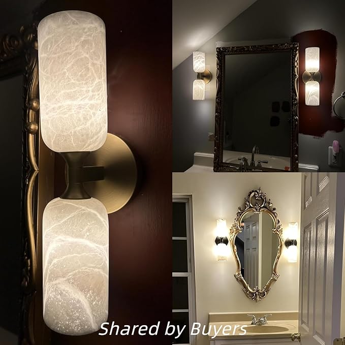 14in Modern Spanish Natural Marble Bathroom Vanity Sconces, Alabaster Wall Sconces Set of Two, Black Alabaster Sconce Wall Lighting, Black Wall Light Fixtures Decor
