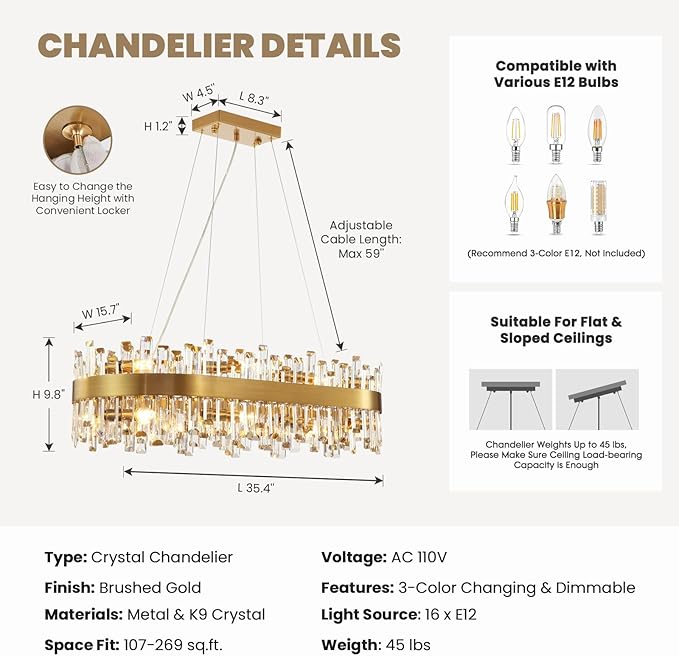 CROSSIO Modern Crystal Chandelier, 16-Light Rectangular Gold Crystal Chandelier for Dining Room, Luxury Oval 2-Tiers K9 Crystal Flush Mount Pendant Ceiling Light for Living Room Kitchen Island L35.4''