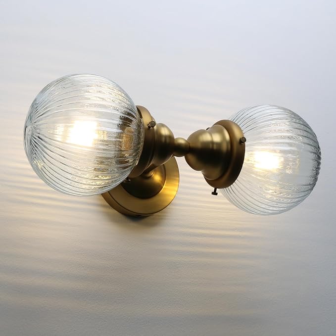Pathson 2 Lights Striped Glass Wall Sconces, Modern Bathroom Sconces Wall Vanity Light Fixtures Brass Finish, Vintage Wall Sconce Lamp for Living Room Bedroom Farmhouse Lighting