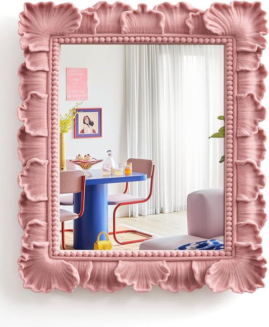 Cute Wall Mirror for Small Apartment Decor Aesthetic, with Velvet-Like Touch, 14x12 Girl Teens Bedroom Mirror for Makeup Gallery Wall Art, Gift for Birthday Graduation Baby Shower (Soft Pink)