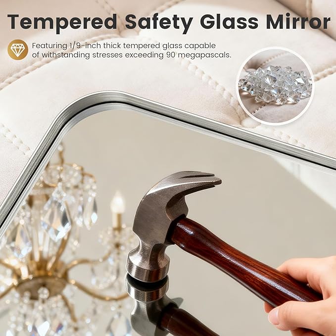 24X36 Inch Brushed Nickel Bathroom Mirror for Wall, Brushed Silver Metal Framed Mirror, Rounded Rectangle Silver Bathroom Mirrors, Tempered Glass, Anti-Rust, Hangs Horizontally or Vertically