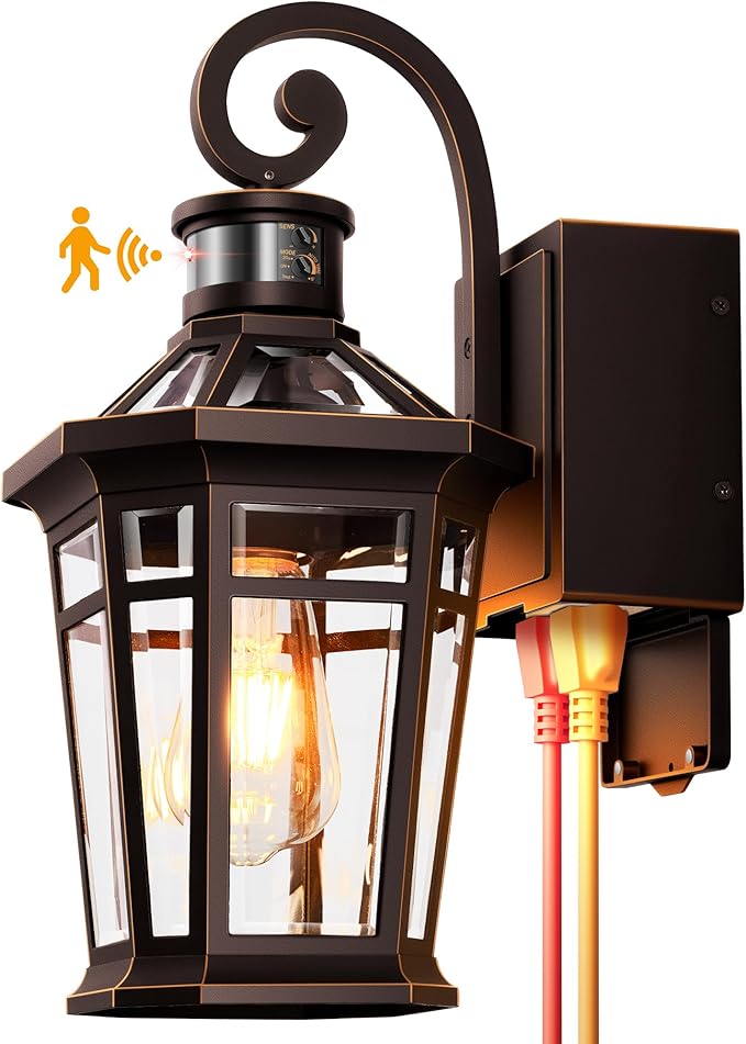 Motion Sensor Porch Light with GFCI Outlet, Oil Rubbed Bronze Outdoor Light Fixture with Outlet, Anti-Rust Exterior Wall Light Lantern, Waterproof Outdoor Sconces Wall Lighting for Garage, Home