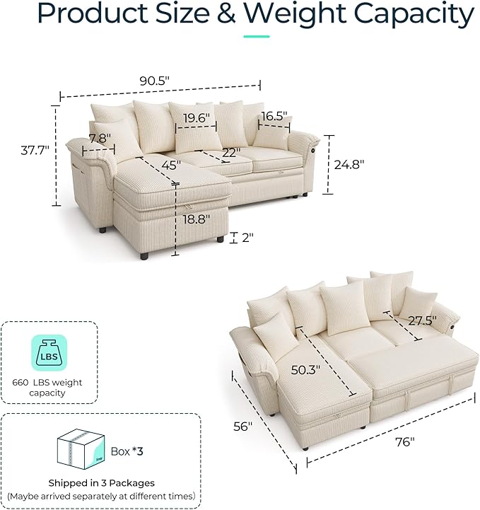LINSY HOME 90.5'' Sectional Sleeper Sofa with Pull Out Couch Bed Modular (Beige, 90.5'') | USB Charging, Pillow-style Armrest, Multiple Cushions, Storage Chaise, Corduroy Fabric