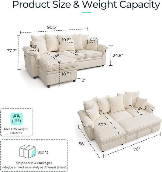 LINSY HOME 90.5'' Sectional Sleeper Sofa with Pull Out Couch Bed Modular (Beige, 90.5'') | USB Charging, Pillow-style Armrest, Multiple Cushions, Storage Chaise, Corduroy Fabric