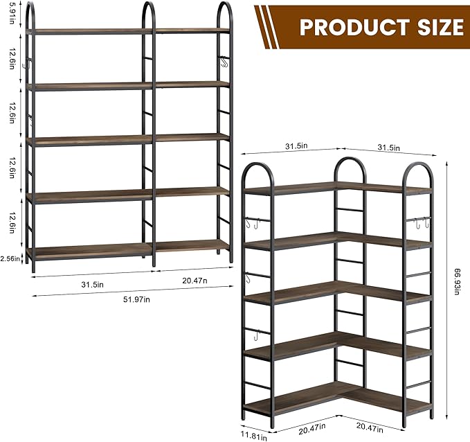5 Tier Wooden Corner Bookshelves, 67 Inch Dark Brown Vintage Geometric Bookcase, DIY Bookcase Industrial Open Bookshelf, Heavy Duty Display Shelves Organizer for Living Room,Home Office.