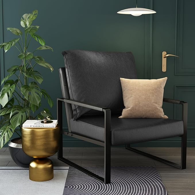 AWQM Modern PU Leather Accent Chair Arm Chair with Extra-Thick Padded Backrest and Seat Cushion Sofa Chairs for Living Room Bedroom, 105 Degree Slant Back, Non-Slip Adsorption Feet-Black（Set of 1）