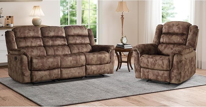 EBELLO 2 Pieces Reclining Couch Furniture Set, Soft Fabric Manual Recliner Sofa Home Theater Seating, Included Recliner Chair and 3 Seat Sofa, Brown