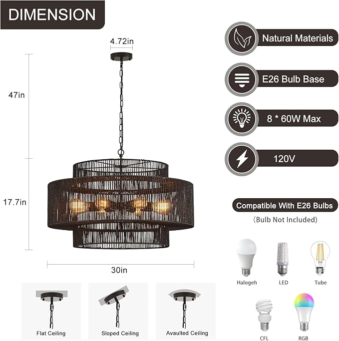 30" Large Hand-Woven Rattan 8-Light Farmhouse Boho Bamboo Chandeliers Light Fixture Retro 3-Tier Drum Wicker Rattan Black Chandelier for Dining Room, Kitchen Island, Bedroom