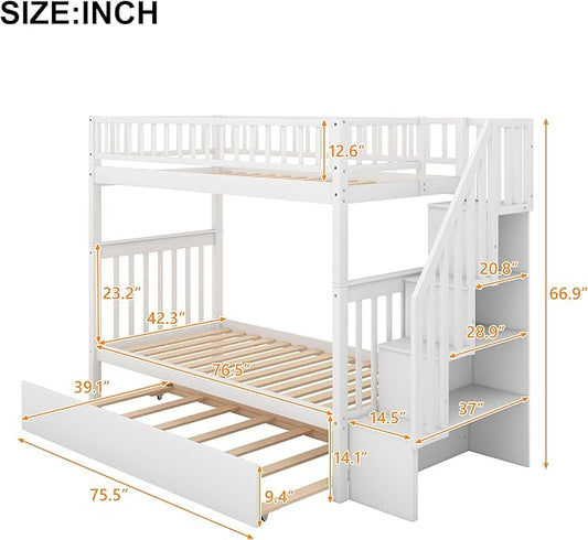 Twin Over Twin Bunk Beds with Staircase and Trundle Bed, No Box Spring Needed for Teens, Boys or Girls