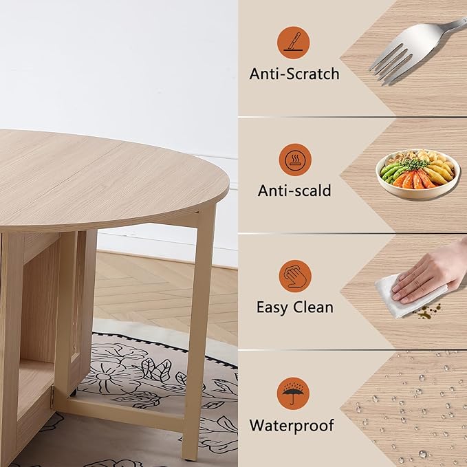 Wood Round Folding Dining Table with 4 Chairs, 47.3" Folding Table and Chairs with Storage Shelf Metal Legs for Home Dining Room Living Room, Space Saving Foldable Dining Table with 4 Chairs
