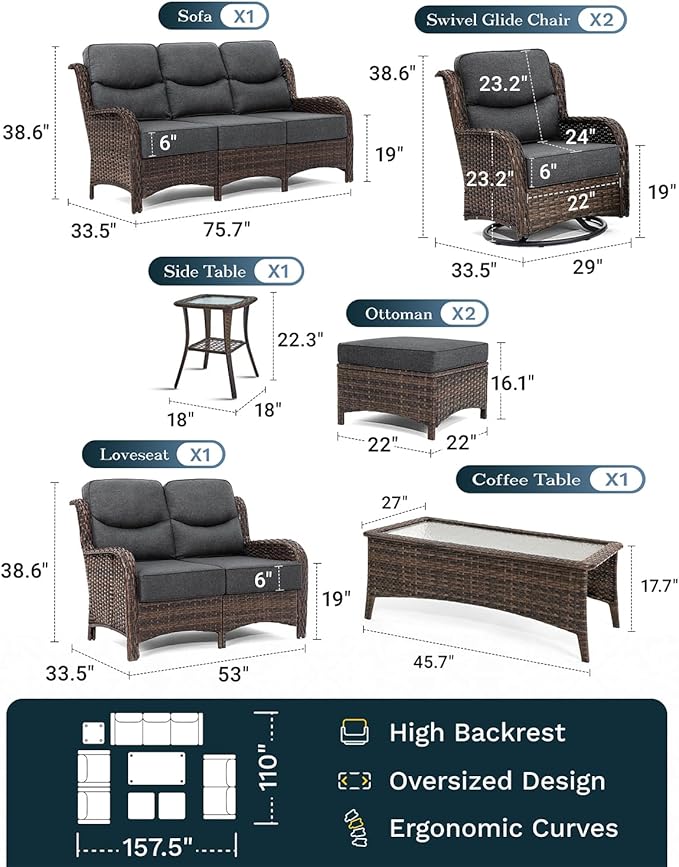 High Back Outdoor Furniture with Extra Thick Cushion Patio Swivel Rocking Chairs, Comfort 3-Seat Sofa, 8PCS Oversized Wicker Conversation Set for Porch, Deck, Yard in Dark Gray