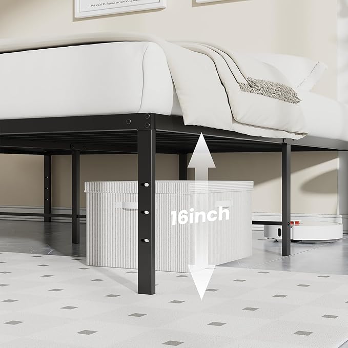 Sweetcrispy Twin Size 16 Inch Platform Bed Frame, Heavy Duty Metal Foundation Frame, Noise-Free Sturdy Steel Slats, Underbed Storage, No Box Spring Needed, Quick Setup