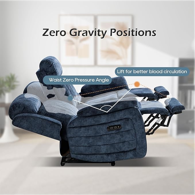 Zero Gravity Power Reclining Sofa with Adjustable Headrest, Electric Reclining Couch with Wireless Charge, Recliner Sofa 3 Seater with Drop Down Table,Cup Holder,USB Ports (Blue)
