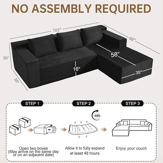 Nigoone 103" Cloud Sectional Sofa, Boneless L-Shape Couch with Chaise, Modern Minimalist Modular Couch for Living Room, Free Combination, Deep Seat, No Assembly Required, Premium Corduroy, Black, R