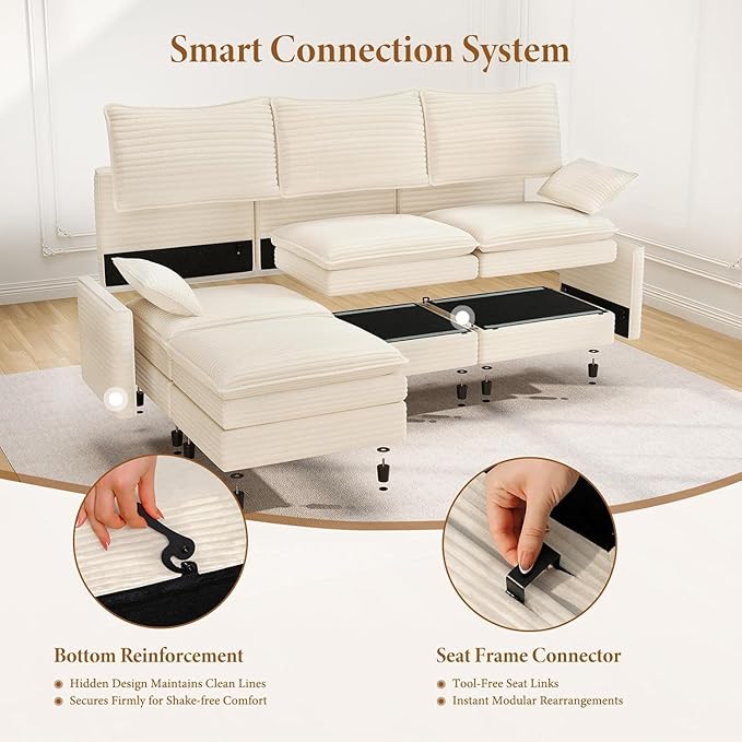 Vesgantti 142" Cloud Couch Sectional Modular Sofa, Comfy Sectional Couch with Ottoman Deep Seat Corduroy L Shaped Sofa, Modular Couches for Living Room, Bedroom and Apartment, Beige | Sink-in Comfort, Height Adjustable, Easy Rearrangement, Extra-deep O...