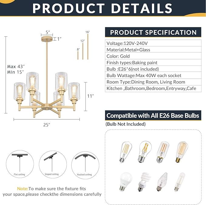 6 Light Gold Chandelier, Farmhouse Chandeliers for Dining Room Light Fixtures Over Table, Hanging Lighting Fixture with Clear Glass Shade for Kitchen Island Living Room Bedroom