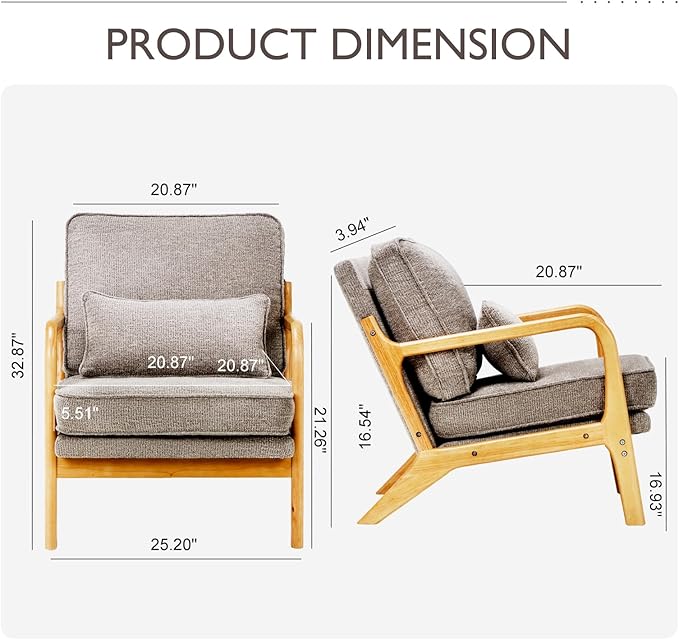 Modern Accent Chair Set of 2 with Lumbar Pillow, Relaxing Mid Century Chair Armchair with Solid Wood Frame & Soft Cushion, Reading Leisure Armchair for Living Room, Grey