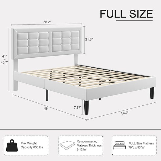 VECELO Full Size Bed Frame with Adjustable Headboard, Upholstered Button Tufted Platform Bedframe with Wood Slats Support, No Box Spring Needed, Linen & White