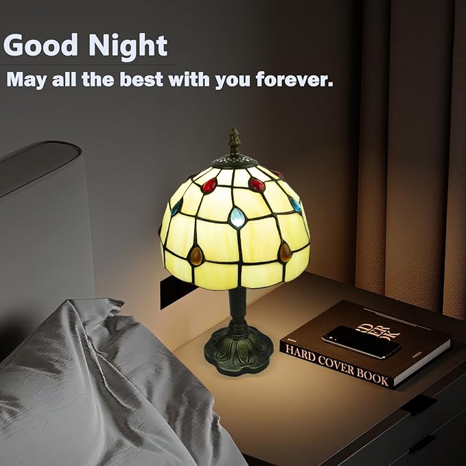 Crefotu Tiffany Style Table Lamp, 3 Color Temperatures Bedside Lamp, 8 Inch Stained Glass Desk Light for Home Office Bedroom Living Room (Phoenix Tail Pattern)