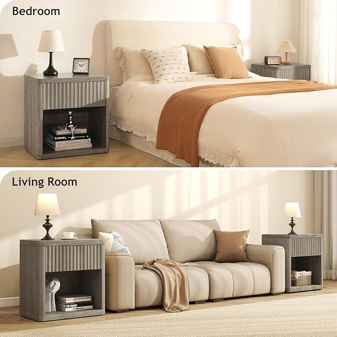 Night Stand Wide Bedside Table End Tables with Storage and Drawers, Modern Fluted Nightstand Side Table for Bedroom Living Room, Grey