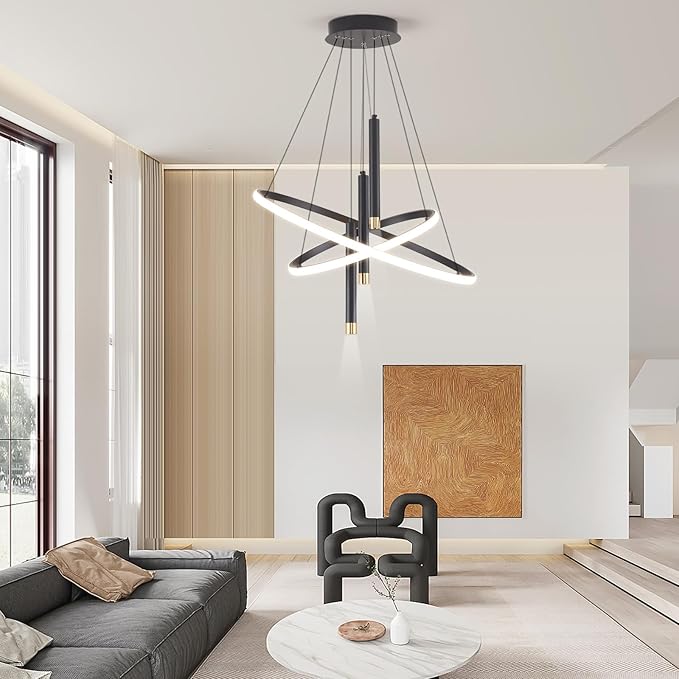 LED Black Modern Chandeliers for Dining Room Bedrooms Living Room, Dimmable 24in 5250lm Kitchen Pendant Lamp Dining Room Light Fixtures Ceiling Hanging Over Table, 2 Ring Round Chandeliers