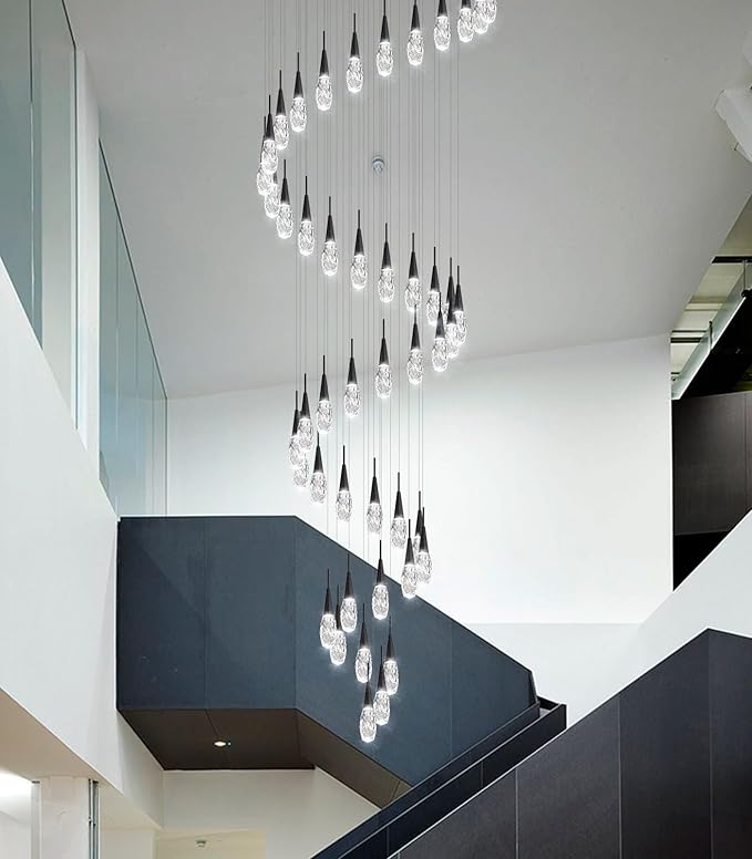 46-Lights 19 Feet Large Modern Chandelier LED Light Fixtures High Ceiling Long Light Chandelier for Entrance Foyer Dimmable Lights with Remote Living Room Ceiling Pendant Lighting Black