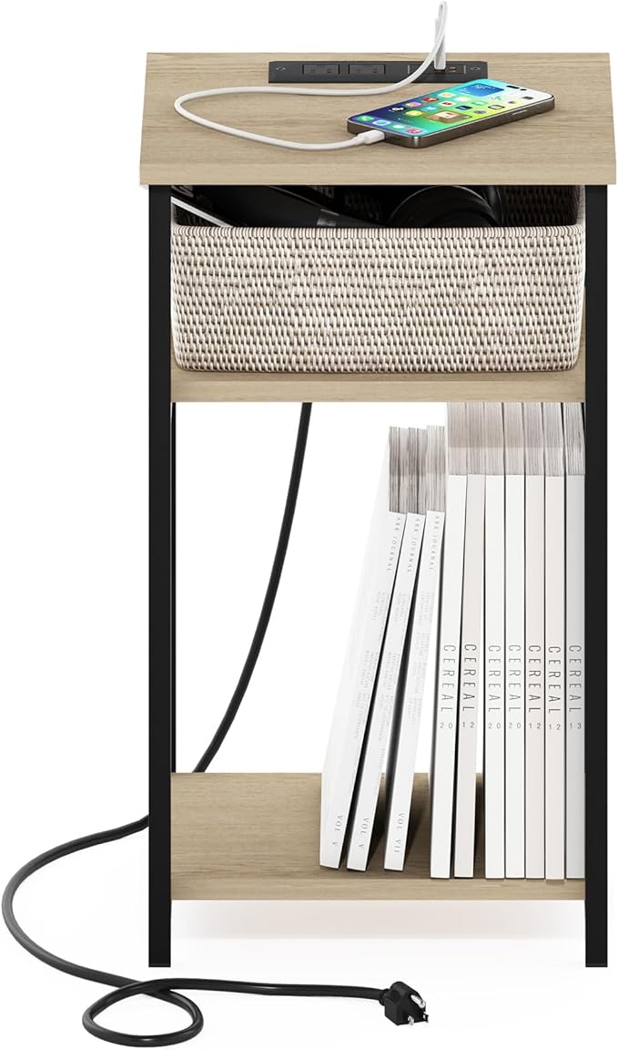 Furinno Moretti Side Table, 3-Tier Modern End Table with Charging Station, Metal Frame Night Stand, Bedside Table with USB and Type-C Charging Port, for Living Room, Bedroom, Bauhaus Oak