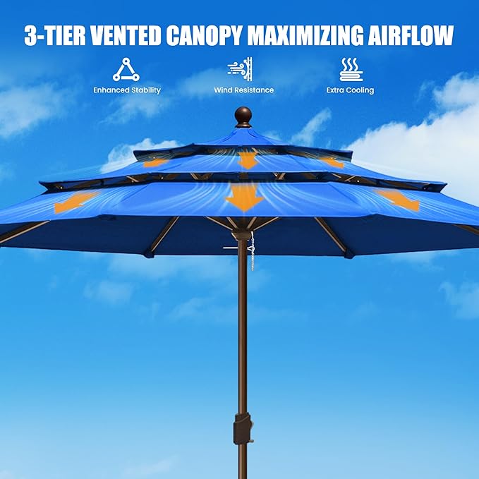 EliteShade USA 10-Year-Non-Fading 11ft 3-Tier Market Patio Umbrella, Commercial Grade Outdoor Table Umbrella with Crank Open, Windproof & UPF 50+ UV Protection, Heavy Duty Ventilation for Garden, Deck, Pool, Backyard, Beach & Bistro, No Tilt, Royal Blue