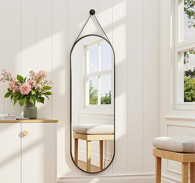 16"x48" Oval Full Length Mirror with Leather Strap Hanging Mirror with Aluminum Frame, Oval Wall-Mounted Mirrors for Living Room Bedroom Entryway Décor, Black