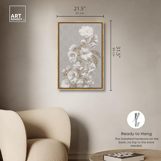 Art Remedy Floral in Classic Fashion Canvas Delicate Farmhouse Wall Art, Gold Frame, 20" x 30"