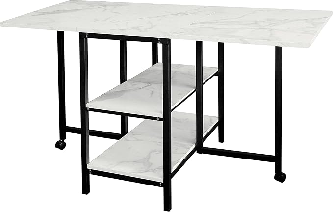 AT-VALY Folding Dining Table with 2 Storage Open Shelf,Drop Leaf Extension Dining Table,Top Folding 15.7" to 55.1" Kitchen Table (Black)