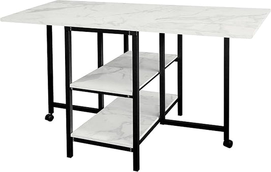 AT-VALY Folding Dining Table with 2 Storage Open Shelf,Drop Leaf Extension Dining Table,Top Folding 15.7" to 55.1" Kitchen Table (Black)