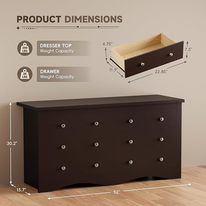 Furmax Dresser for Bedroom, 6 Wood Dresser, Chest of Drawers, for TV up to 65 inch, TV Stand Storage Chest of Drawers for Hallway Entryway (Brown)