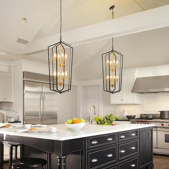 WJShome 8-Light Lantern Tiered Pendant Light Fixtures, Black and Gold Farmhouse Chandelier, Foyer Chandeliers for High Ceilings, for Dining Room, Living Room, Entryway, Staircase