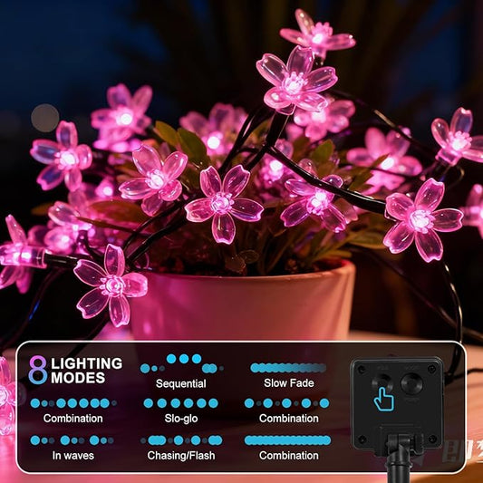60 LED Solar String Lights Outdoor Waterproof Flower Fairy Lights for Garden Fence Patio Yard Christmas Tree Lawn Wedding Party Decor, Pink