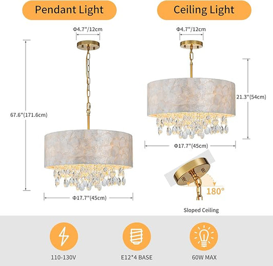 4-Light Drum Capiz Shell Crystal Chandeliers, Coastal Style Pendant Light Fixture for Dining Room, Living Room, D18 x 21~68"(Adjustable), Shell Lampshade & Gold Finish