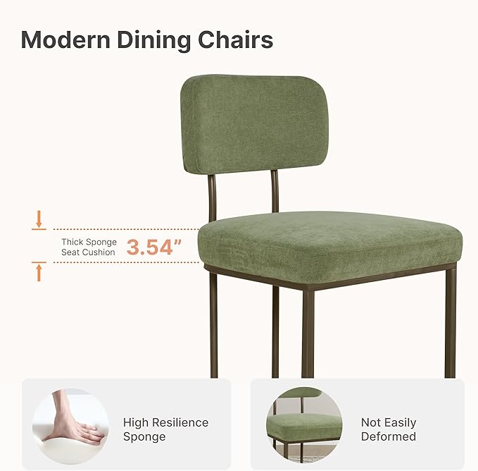 Dining Chairs Set of 2, Upholstered Modern Kitchen Chairs with Ergonomic Backrest, Fabric Cushion & Wire Drawing Curve Metal Legs for Living Room, Restaurant, and Café, Green