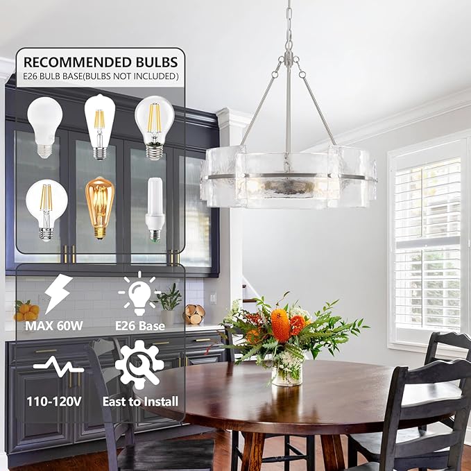 22" Modern Chandelier, Brushed Nickel Glass Chandelier, Large Round Chandelier for Dining Room, Foyer, Bedroom, Hallway, Entryway