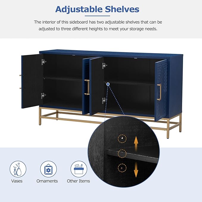 Ball & Cast 59.8" Sideboard Buffet Cabinet with Storage,Modern Coffee Bar Cabinet with 4 Doors and Adjustable Shelves,Wood Side Board Table with Gold Handles & Metal Legs for Living Room, Kitchen,Navy